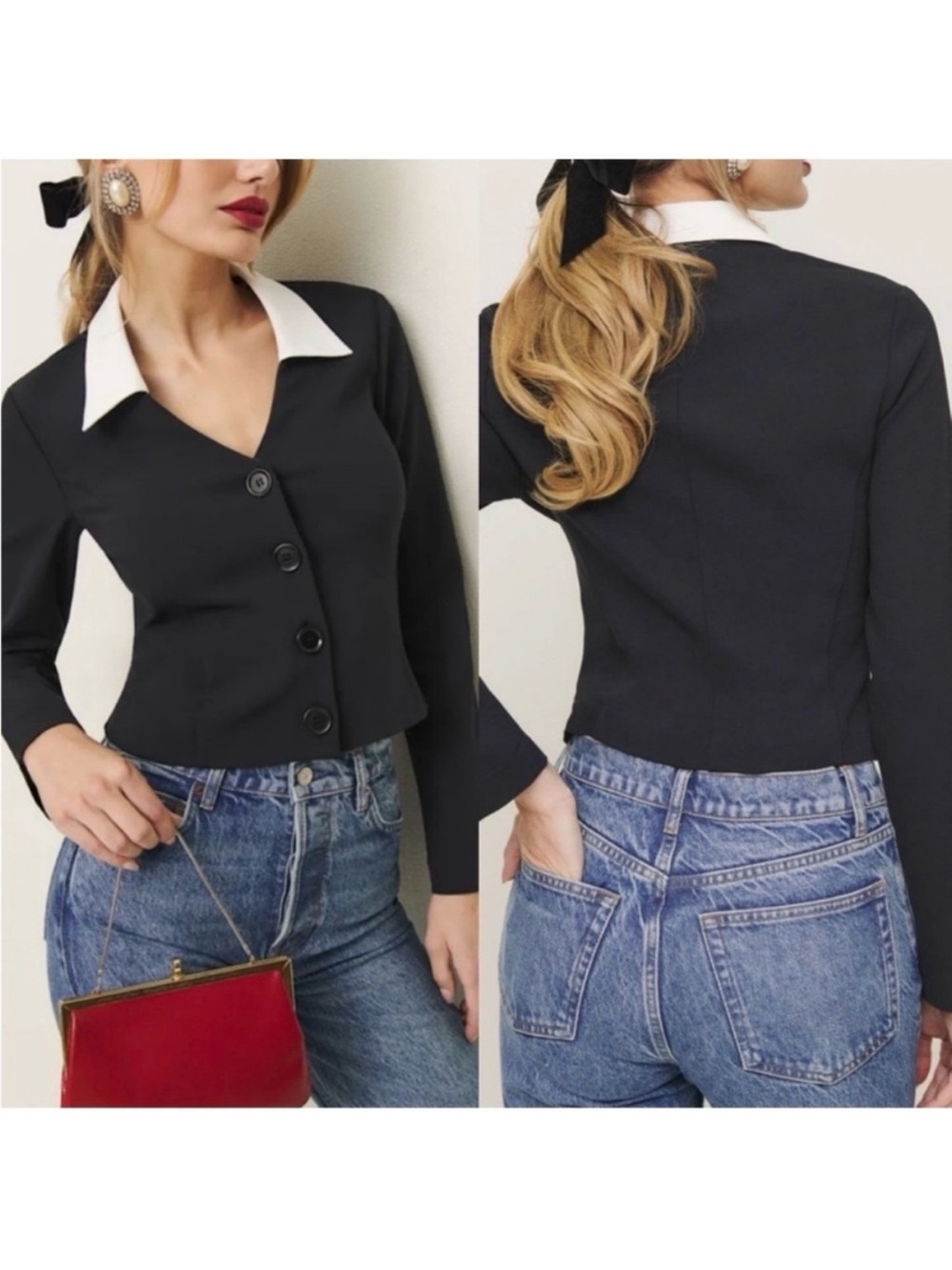 Reformation Pia Knit Top Black White Collar Jacket Cardigan